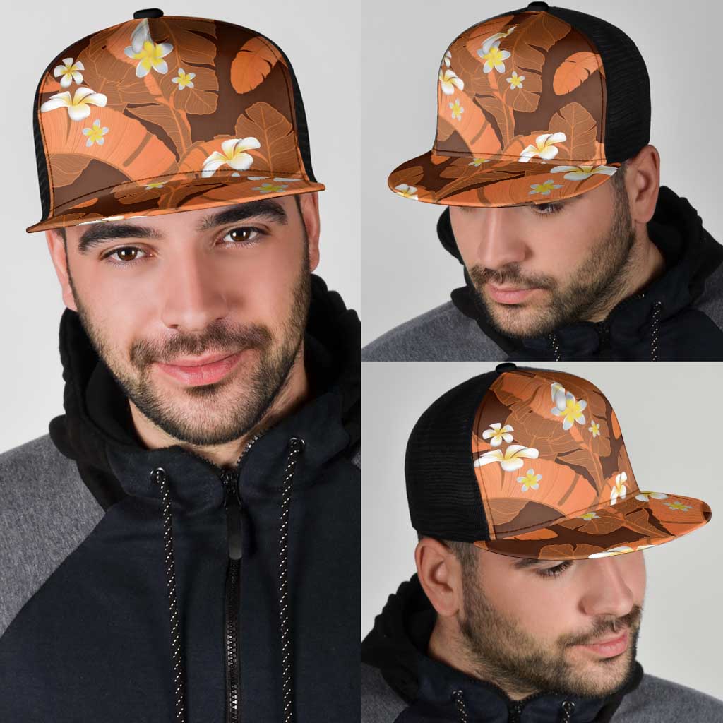Orange Banana Leaf Hawaii Mesh Trucker Cap Lau Maia Plumeria Tropical Summer Vibes