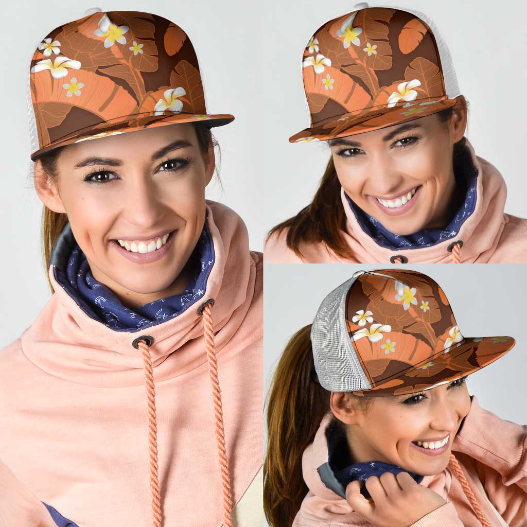 Orange Banana Leaf Hawaii Mesh Trucker Cap Lau Maia Plumeria Tropical Summer Vibes