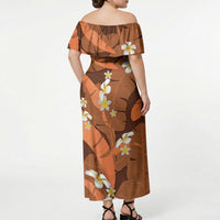 Orange Banana Leaf Hawaii Off Shoulder Maxi Dress Lau Maia Plumeria Tropical Summer Vibes