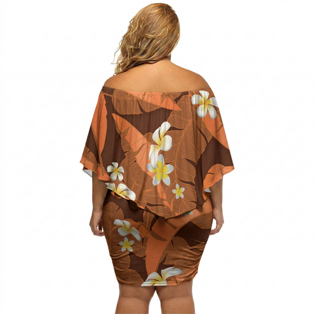 Orange Banana Leaf Hawaii Off Shoulder Short Dress Lau Maia Plumeria Tropical Summer Vibes