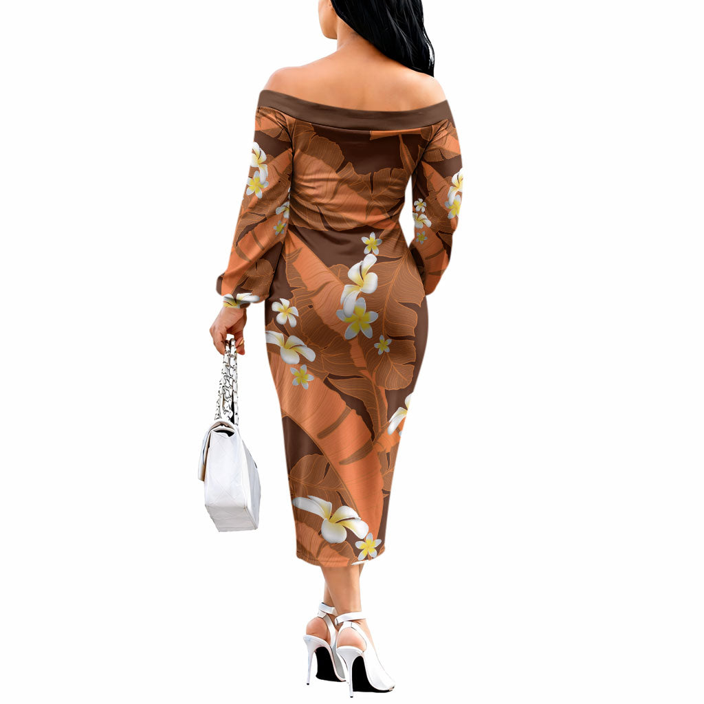 Orange Banana Leaf Hawaii Off The Shoulder Long Sleeve Dress Lau Maia Plumeria Tropical Summer Vibes