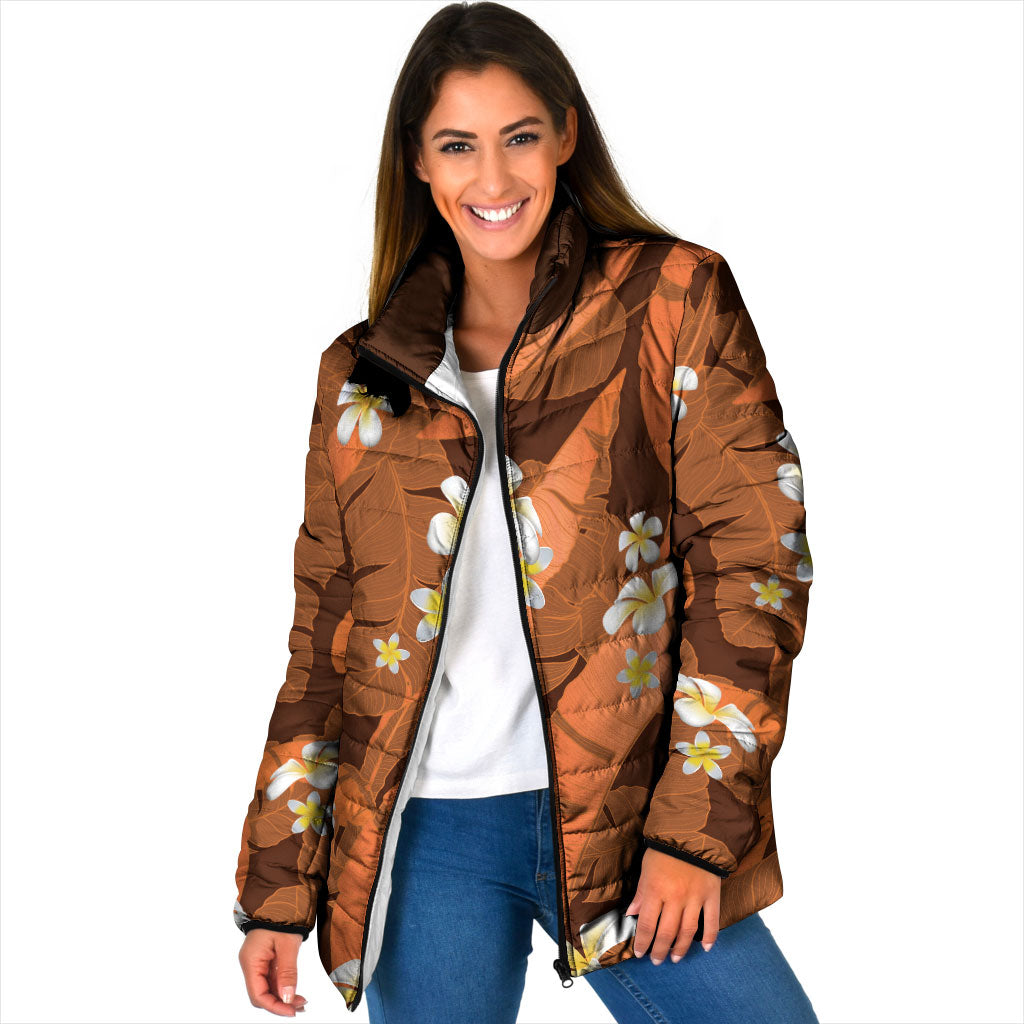 Orange Banana Leaf Hawaii Padded Jacket Lau Maia Plumeria Tropical Summer Vibes