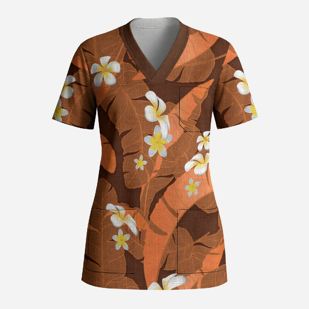 Orange Banana Leaf Hawaii Scrub Top Lau Maia Plumeria Tropical Summer Vibes