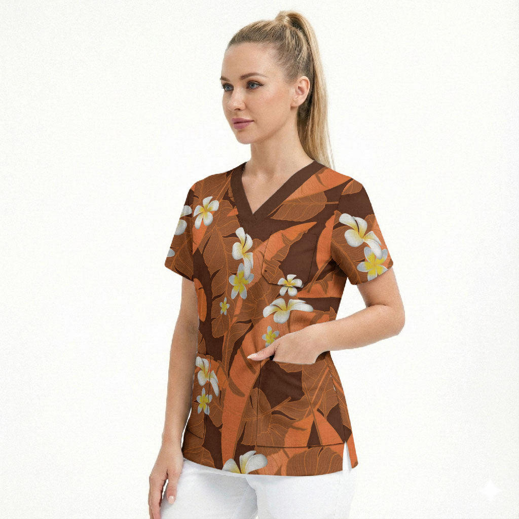 Orange Banana Leaf Hawaii Scrub Top Lau Maia Plumeria Tropical Summer Vibes