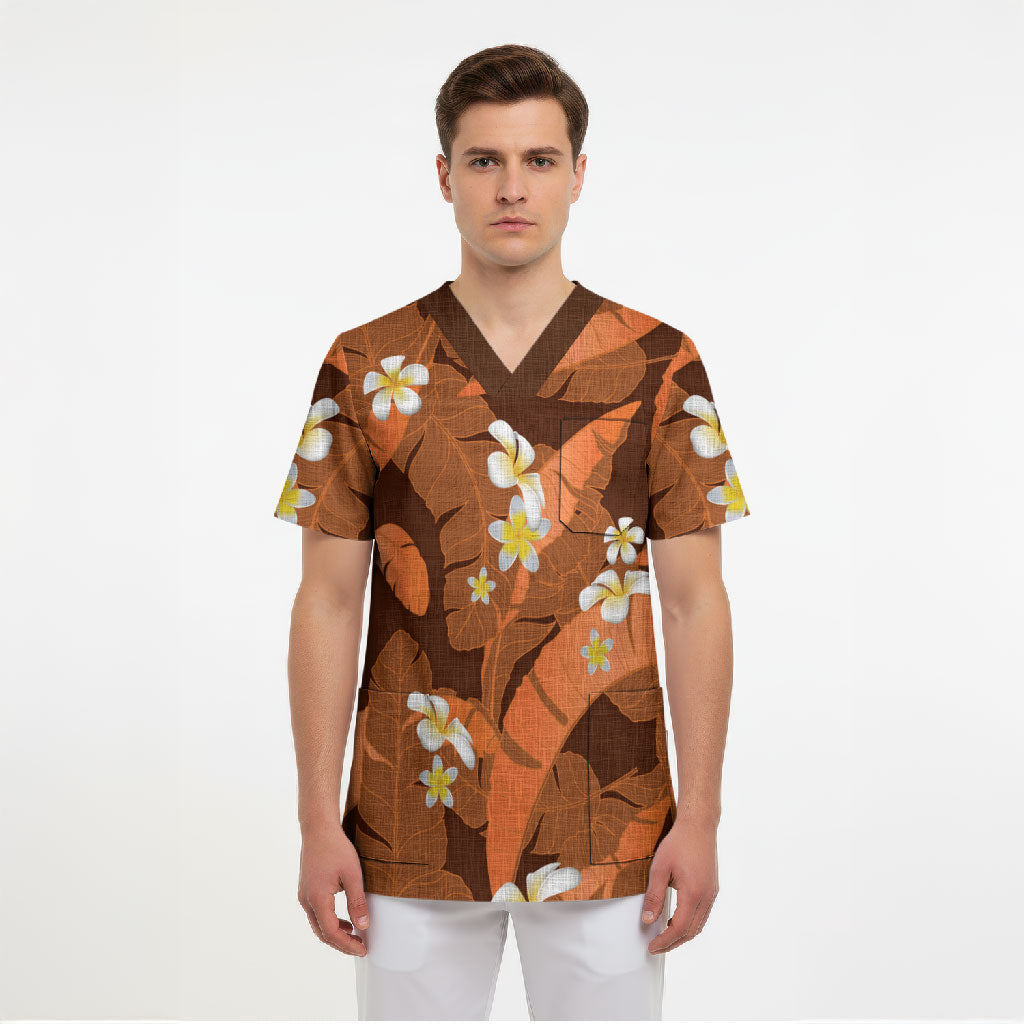 Orange Banana Leaf Hawaii Scrub Top Lau Maia Plumeria Tropical Summer Vibes