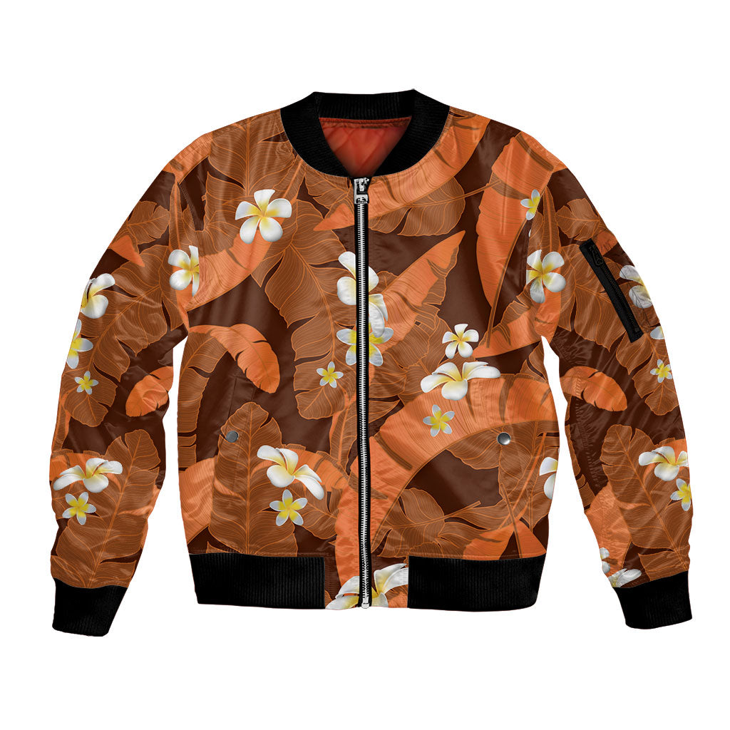 Orange Banana Leaf Hawaii Sleeve Zip Bomber Jacket Lau Maia Plumeria Tropical Summer Vibes LT14 Unisex Orange - Polynesian Pride