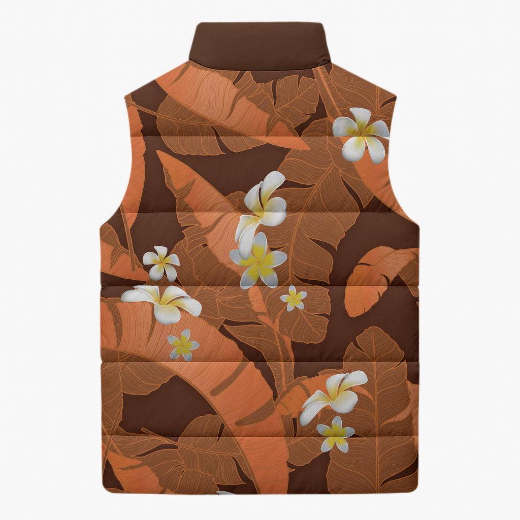 Orange Banana Leaf Hawaii Sleeveless Puffer Jacket Lau Maia Plumeria Tropical Summer Vibes