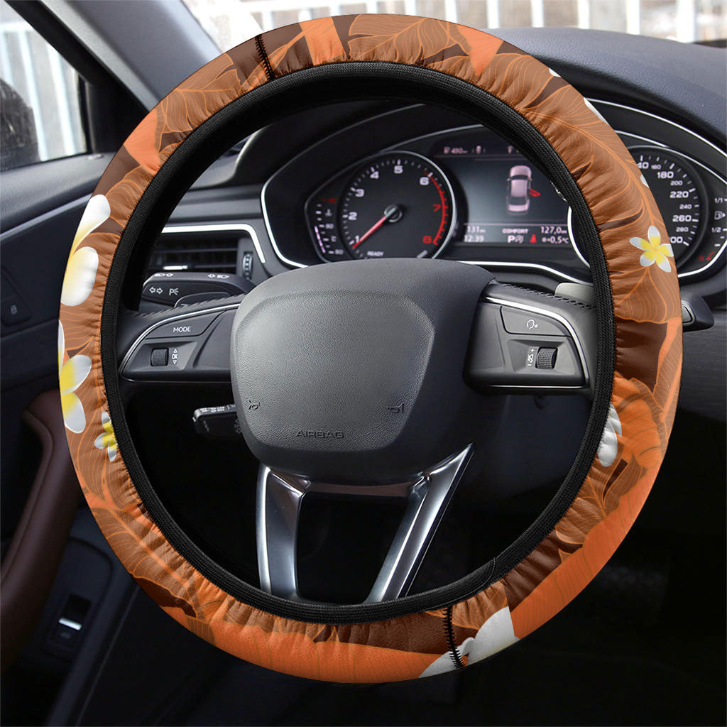 Orange Banana Leaf Hawaii Steering Wheel Cover Lau Maia Plumeria Tropical Summer Vibes