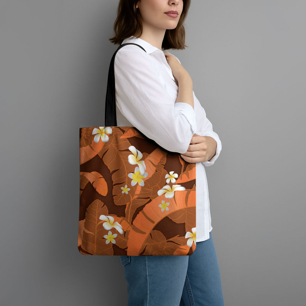 Orange Banana Leaf Hawaii Tote Bag Lau Maia Plumeria Tropical Summer Vibes