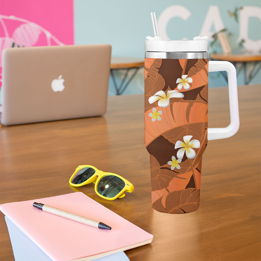 Orange Banana Leaf Hawaii Tumbler With Handle Lau Maia Plumeria Tropical Summer Vibes