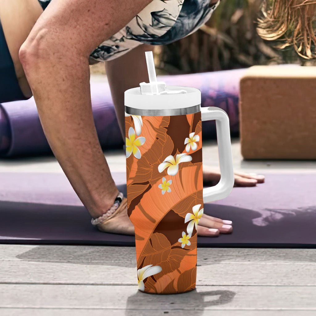 Orange Banana Leaf Hawaii Tumbler With Handle Lau Maia Plumeria Tropical Summer Vibes