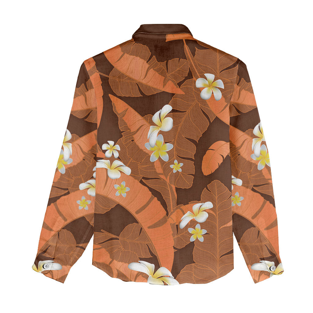 Orange Banana Leaf Hawaii Women Casual Shirt Lau Maia Plumeria Tropical Summer Vibes