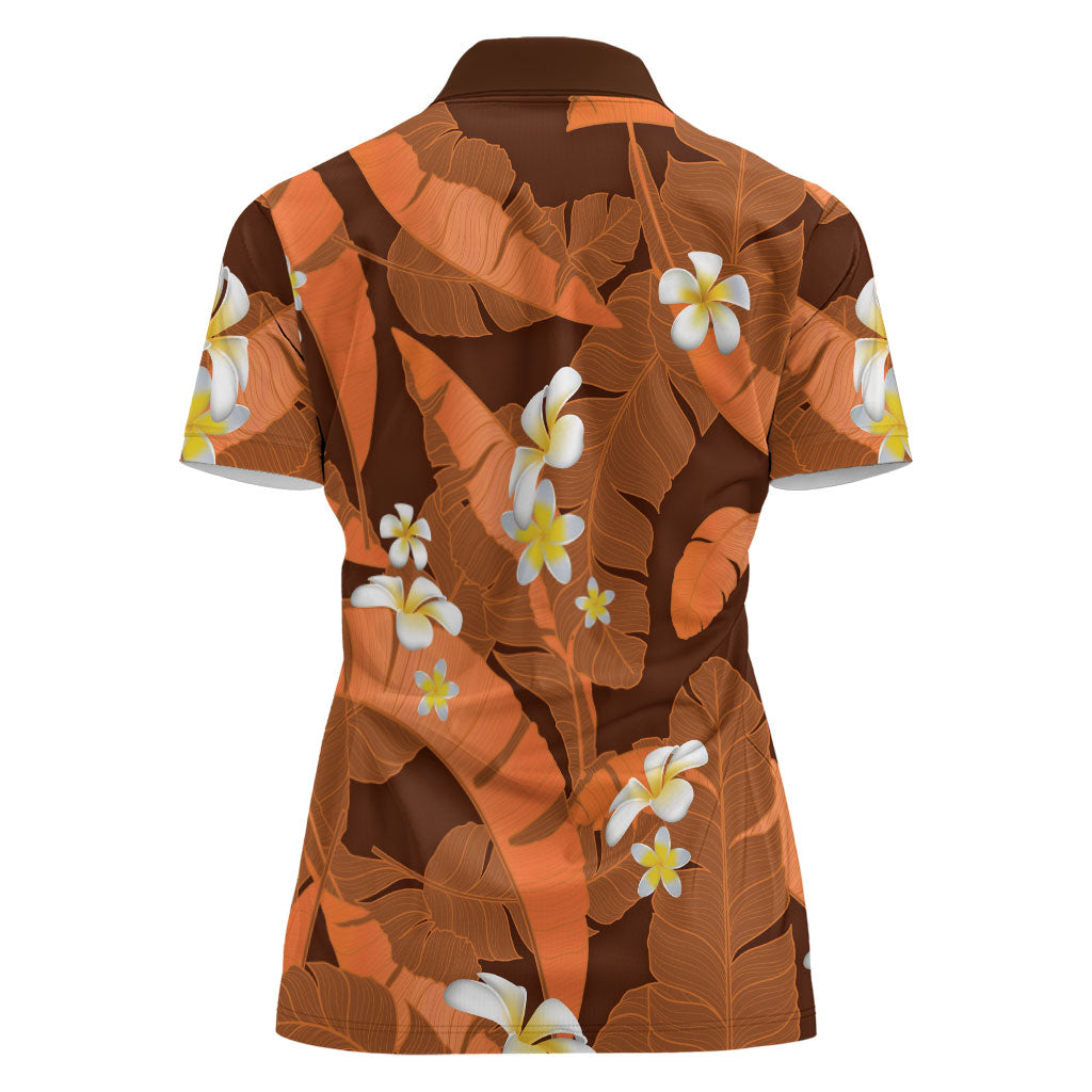 Orange Banana Leaf Hawaii Women Polo Shirt Lau Maia Plumeria Tropical Summer Vibes