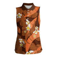 Orange Banana Leaf Hawaii Women Sleeveless Polo Shirt Lau Maia Plumeria Tropical Summer Vibes