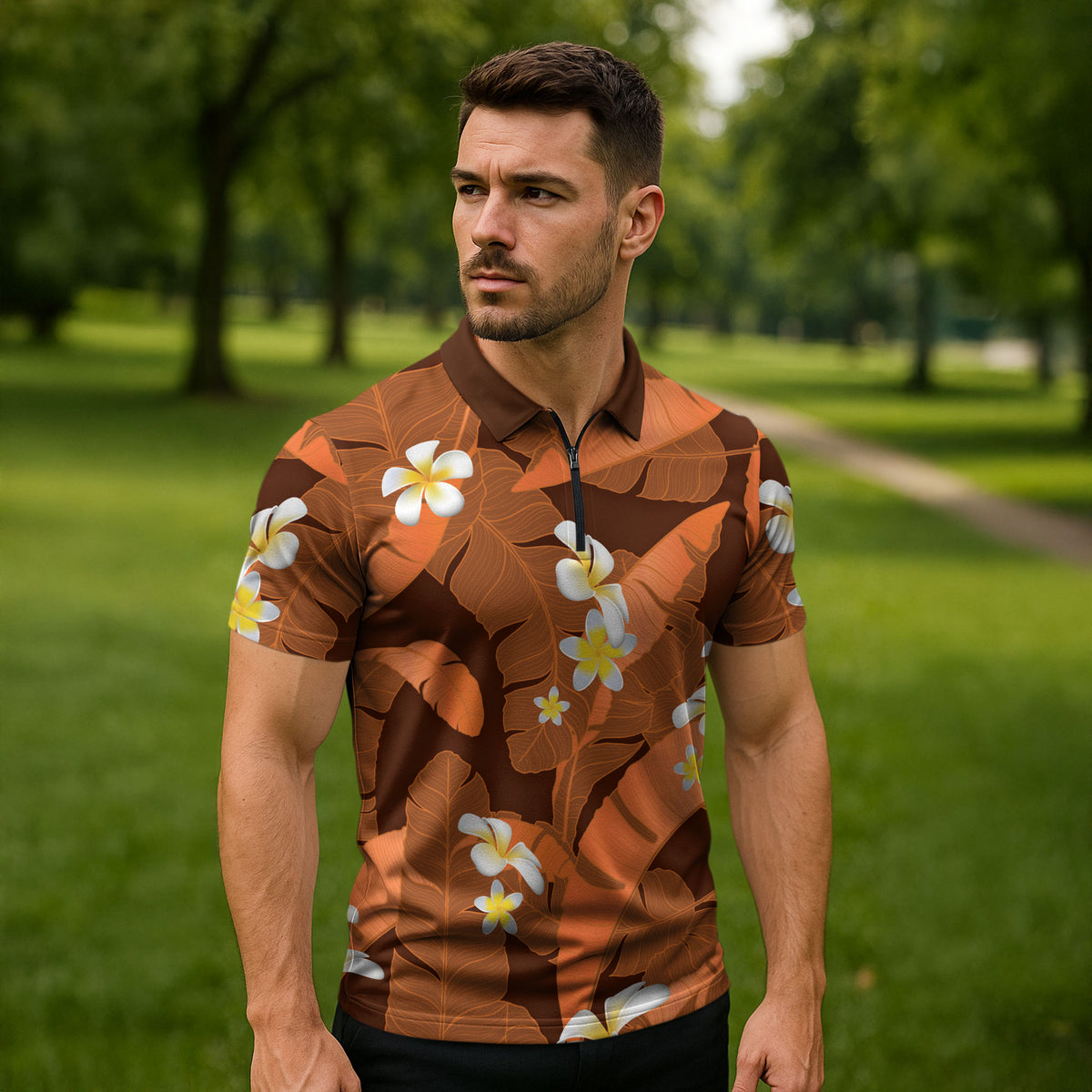 Orange Banana Leaf Hawaii Zipper Polo Shirt Lau Maia Plumeria Tropical Summer Vibes