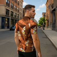 Orange Banana Leaf Hawaii Zipper Polo Shirt Lau Maia Plumeria Tropical Summer Vibes