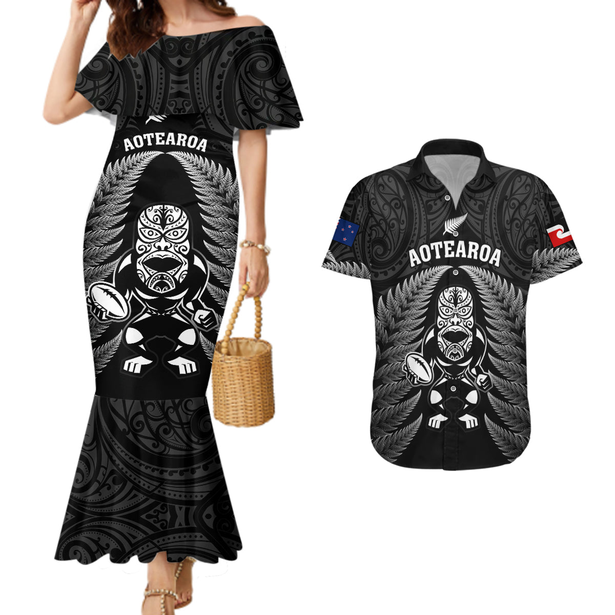 New Zealand Aotearoa Rugby Couples Matching Mermaid Dress and Hawaiian Shirt NZ Tiki With Maori Fern World Cup Black Version LT14 Black - Polynesian Pride