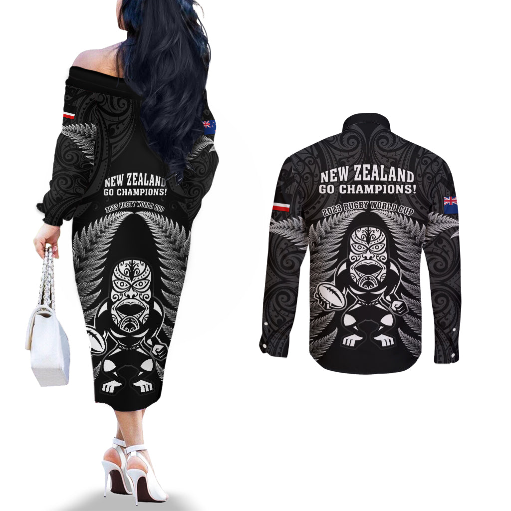 New Zealand Aotearoa Rugby Couples Matching Off The Shoulder Long Sleeve Dress and Long Sleeve Button Shirts NZ Tiki With Maori Fern World Cup Black Version LT14 - Polynesian Pride