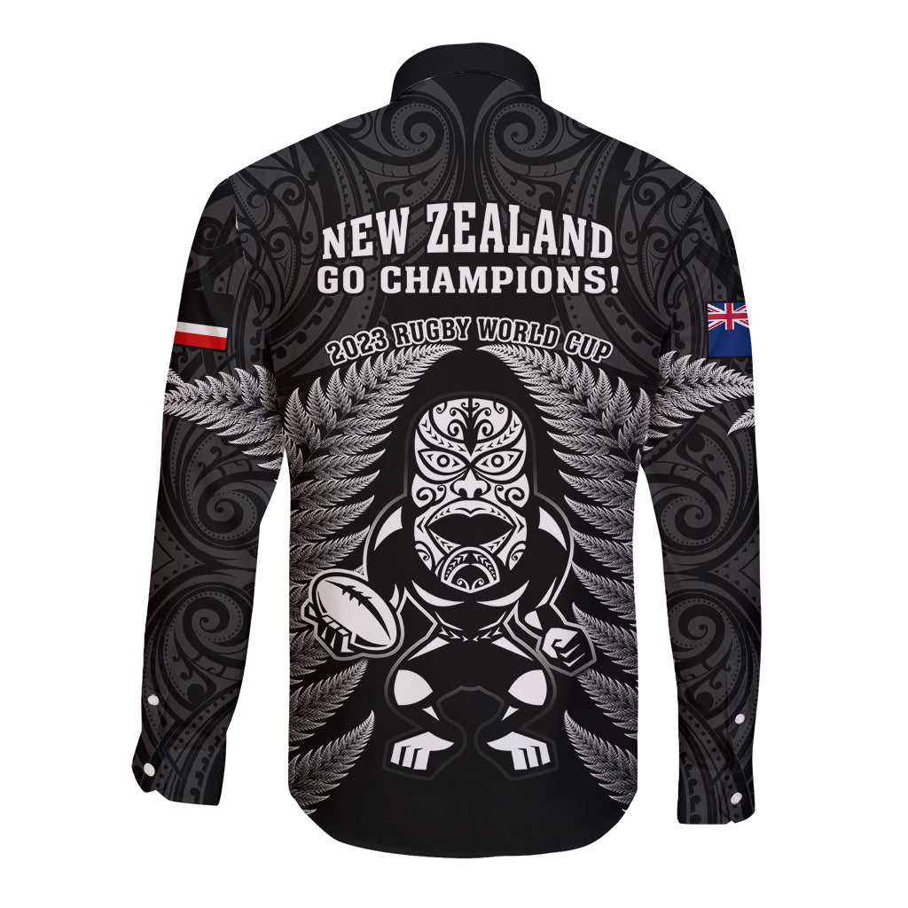 New Zealand Aotearoa Rugby Long Sleeve Button Shirt NZ Tiki With Maori Fern World Cup Black Version LT14 - Polynesian Pride