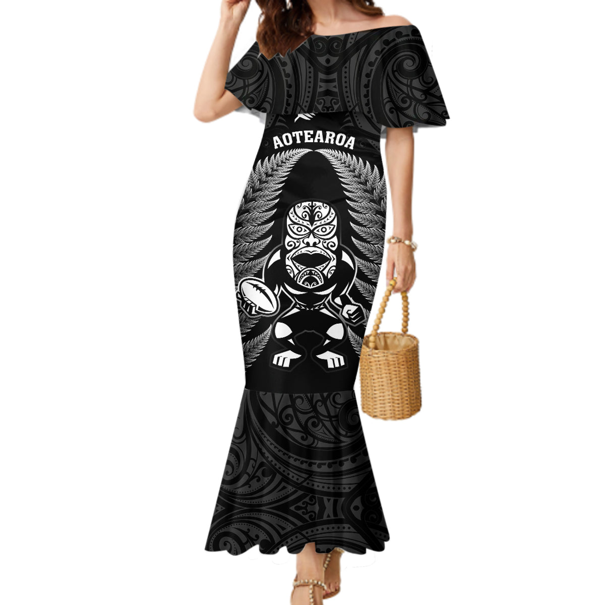 New Zealand Aotearoa Rugby Mermaid Dress NZ Tiki With Maori Fern World Cup Black Version LT14 Women Black - Polynesian Pride