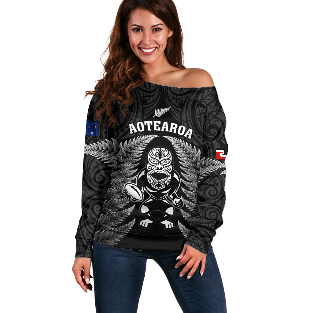 New Zealand Aotearoa Rugby Off Shoulder Sweater NZ Tiki With Maori Fern World Cup Black Version LT14 Women Black - Polynesian Pride