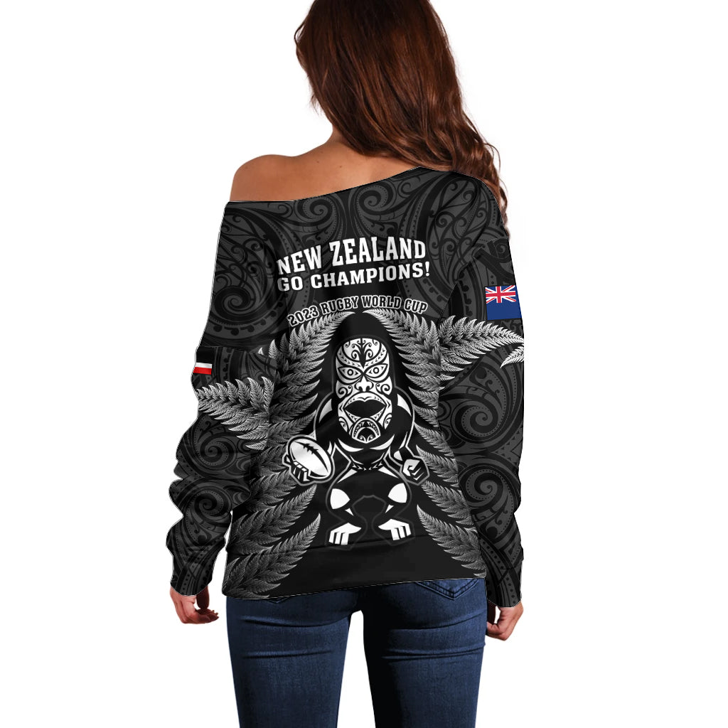 New Zealand Aotearoa Rugby Off Shoulder Sweater NZ Tiki With Maori Fern World Cup Black Version LT14 - Polynesian Pride