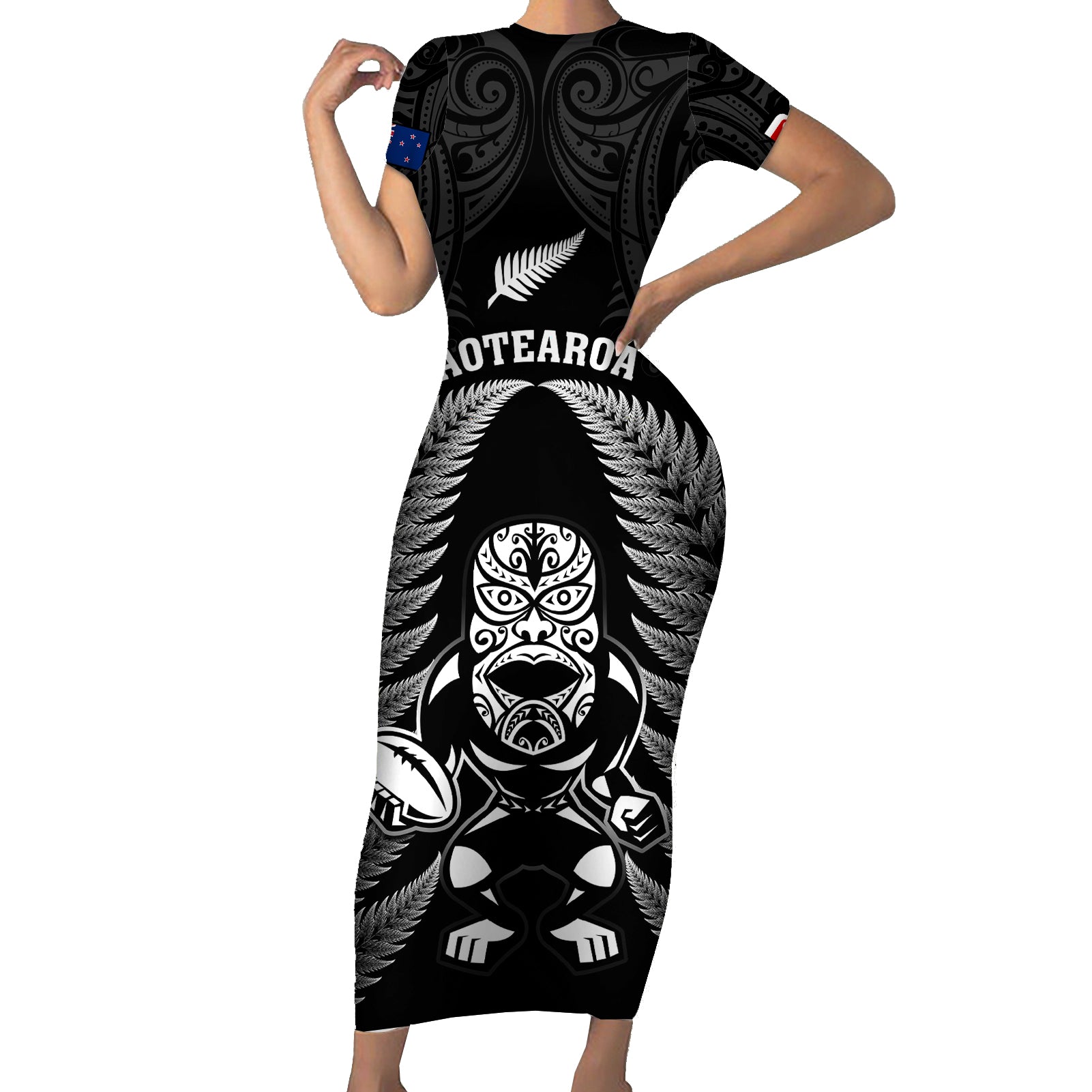 New Zealand Aotearoa Rugby Short Sleeve Bodycon Dress NZ Tiki With Maori Fern World Cup Black Version LT14 Long Dress Black - Polynesian Pride