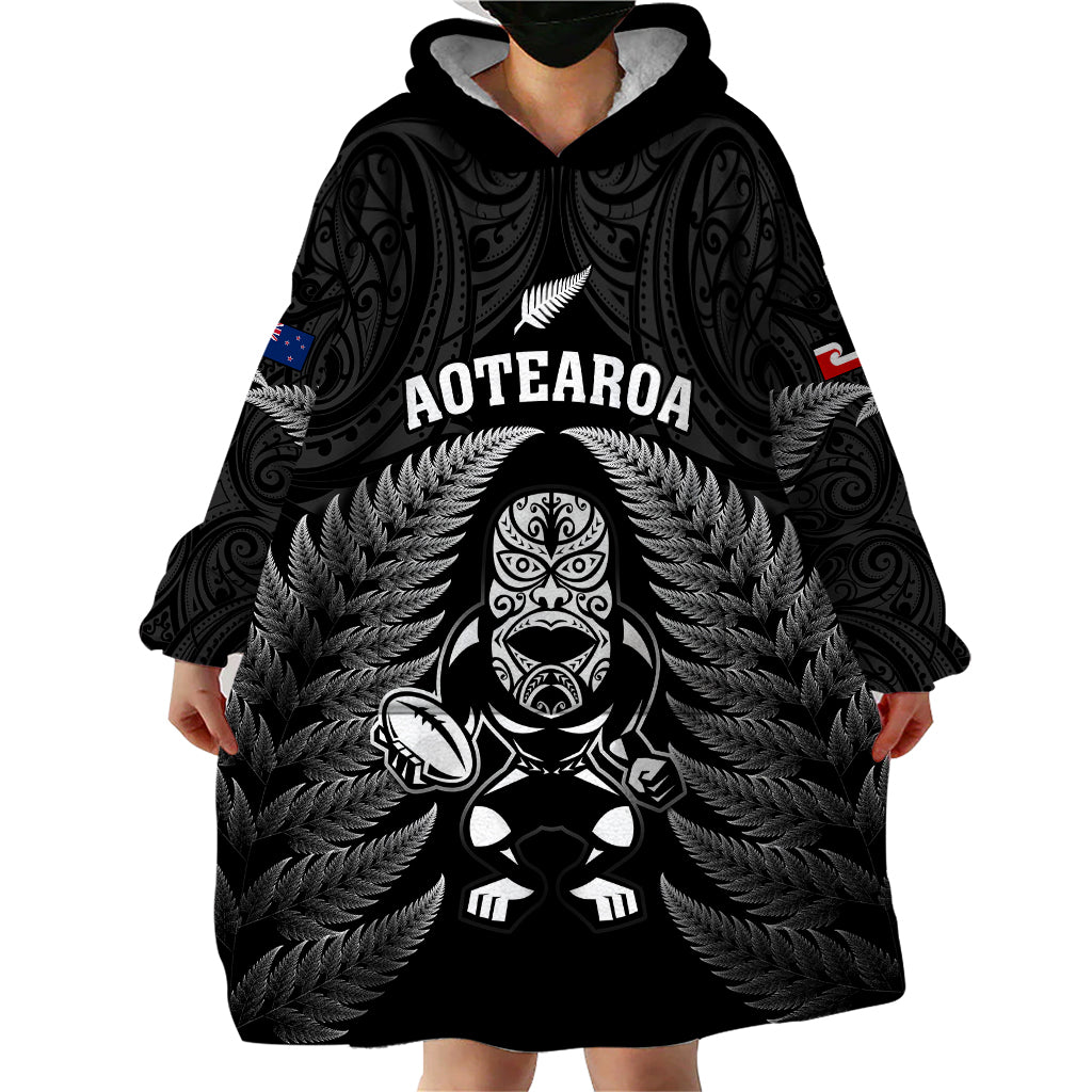 New Zealand Aotearoa Rugby Wearable Blanket Hoodie NZ Tiki With Maori Fern World Cup Black Version LT14 - Polynesian Pride