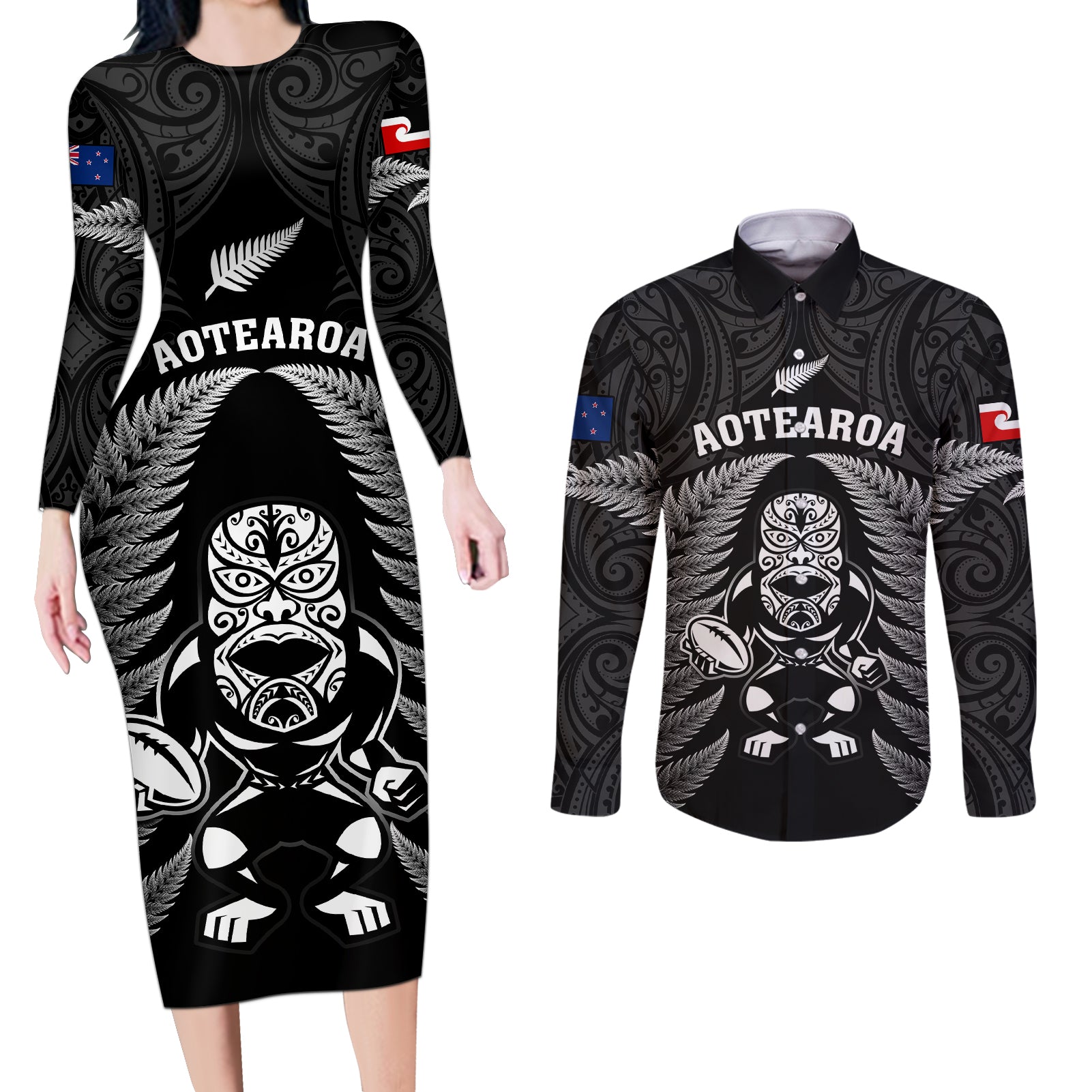 Custom New Zealand Aotearoa Rugby Couples Matching Long Sleeve Bodycon Dress and Long Sleeve Button Shirts NZ Tiki With Maori Fern World Cup Black Version LT14 Black - Polynesian Pride