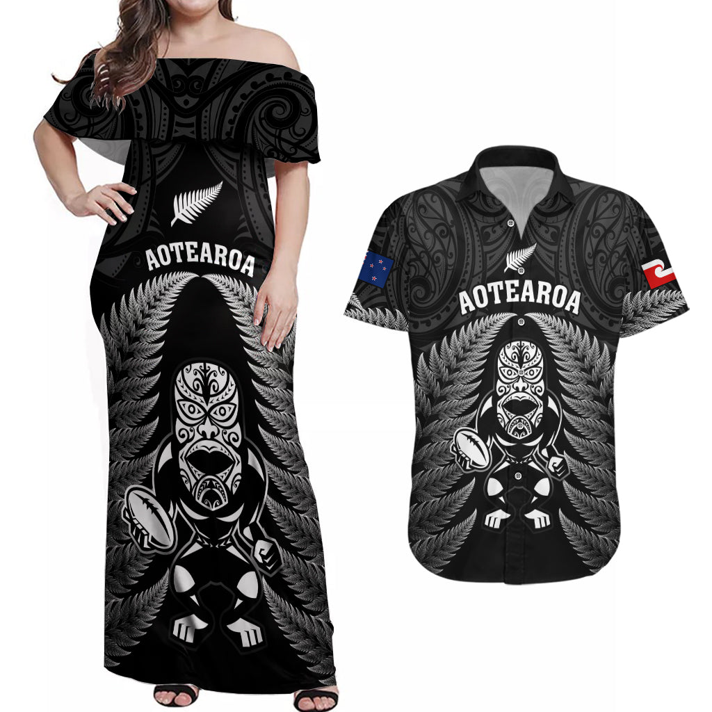 Custom New Zealand Aotearoa Rugby Couples Matching Off Shoulder Maxi Dress and Hawaiian Shirt NZ Tiki With Maori Fern World Cup Black Version LT14 Black - Polynesian Pride