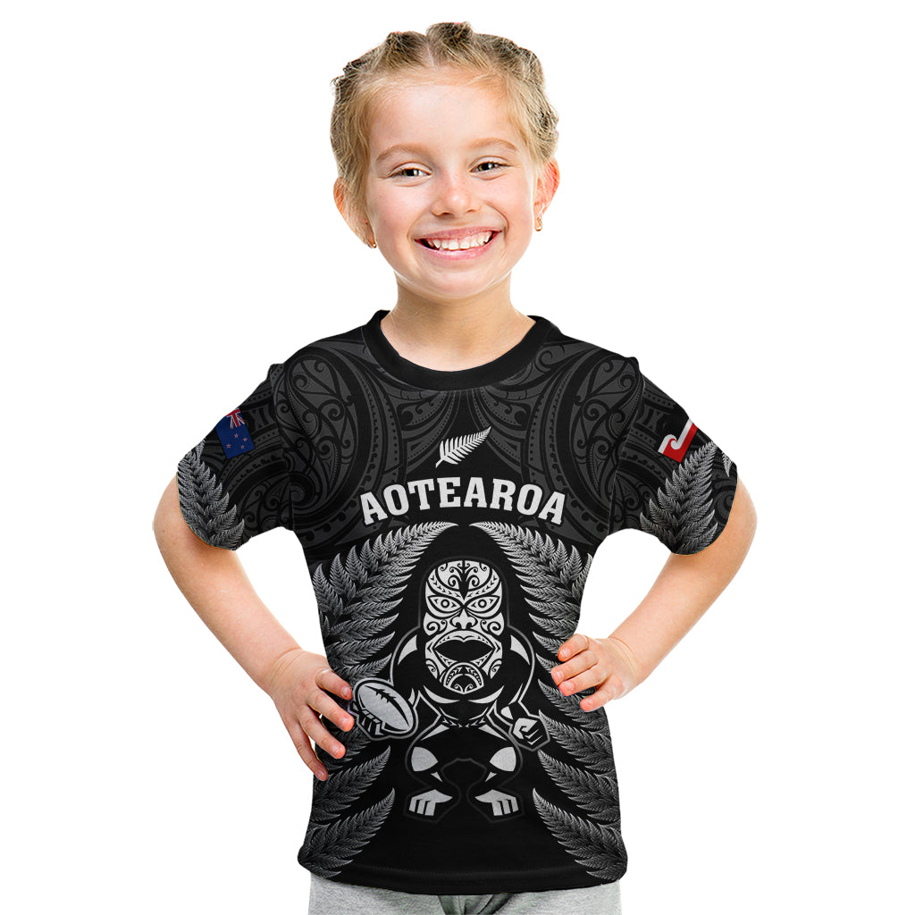 Custom New Zealand Aotearoa Rugby Kid T Shirt NZ Tiki With Maori Fern World Cup Black Version LT14 Black - Polynesian Pride