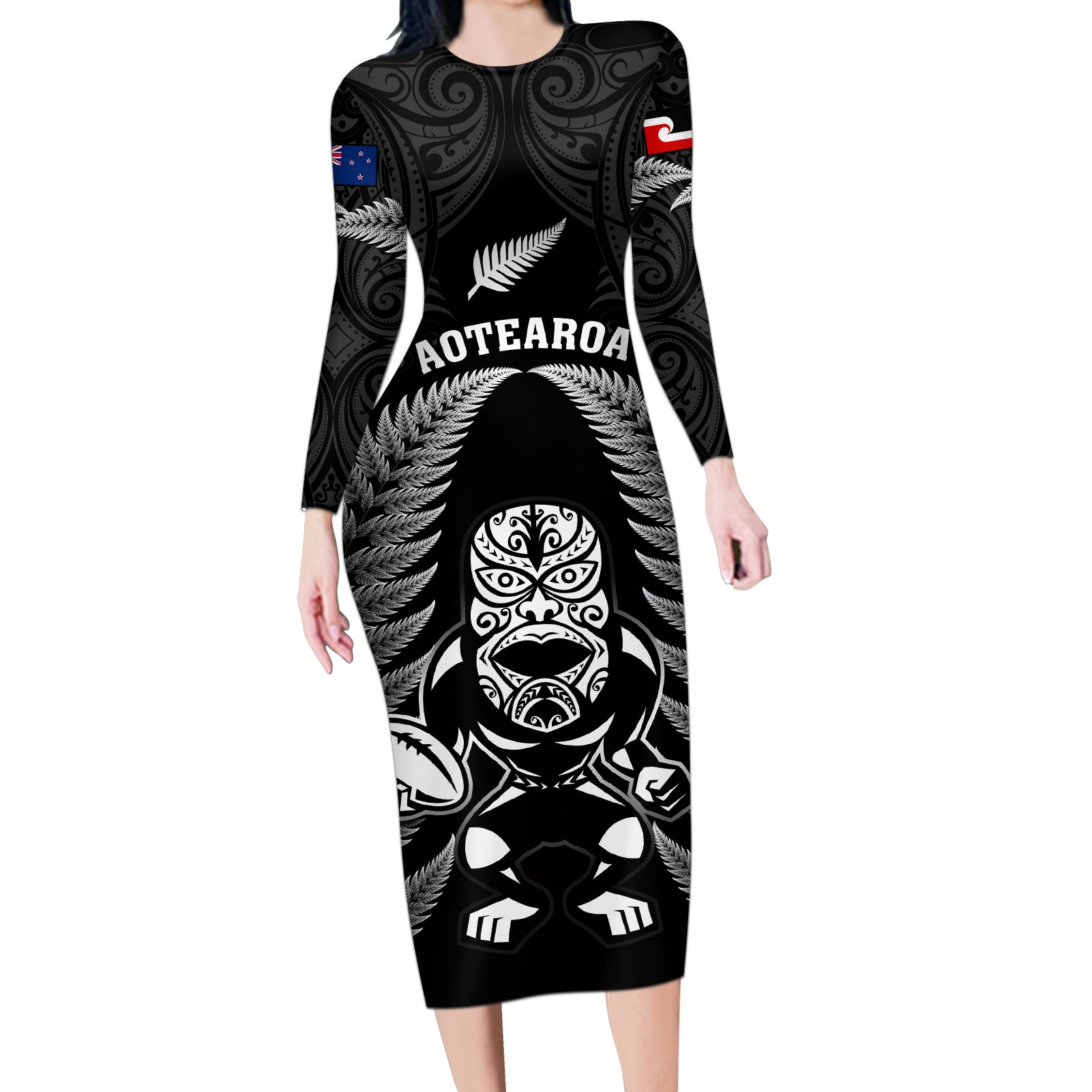 Custom New Zealand Aotearoa Rugby Long Sleeve Bodycon Dress NZ Tiki With Maori Fern World Cup Black Version LT14 Long Dress Black - Polynesian Pride