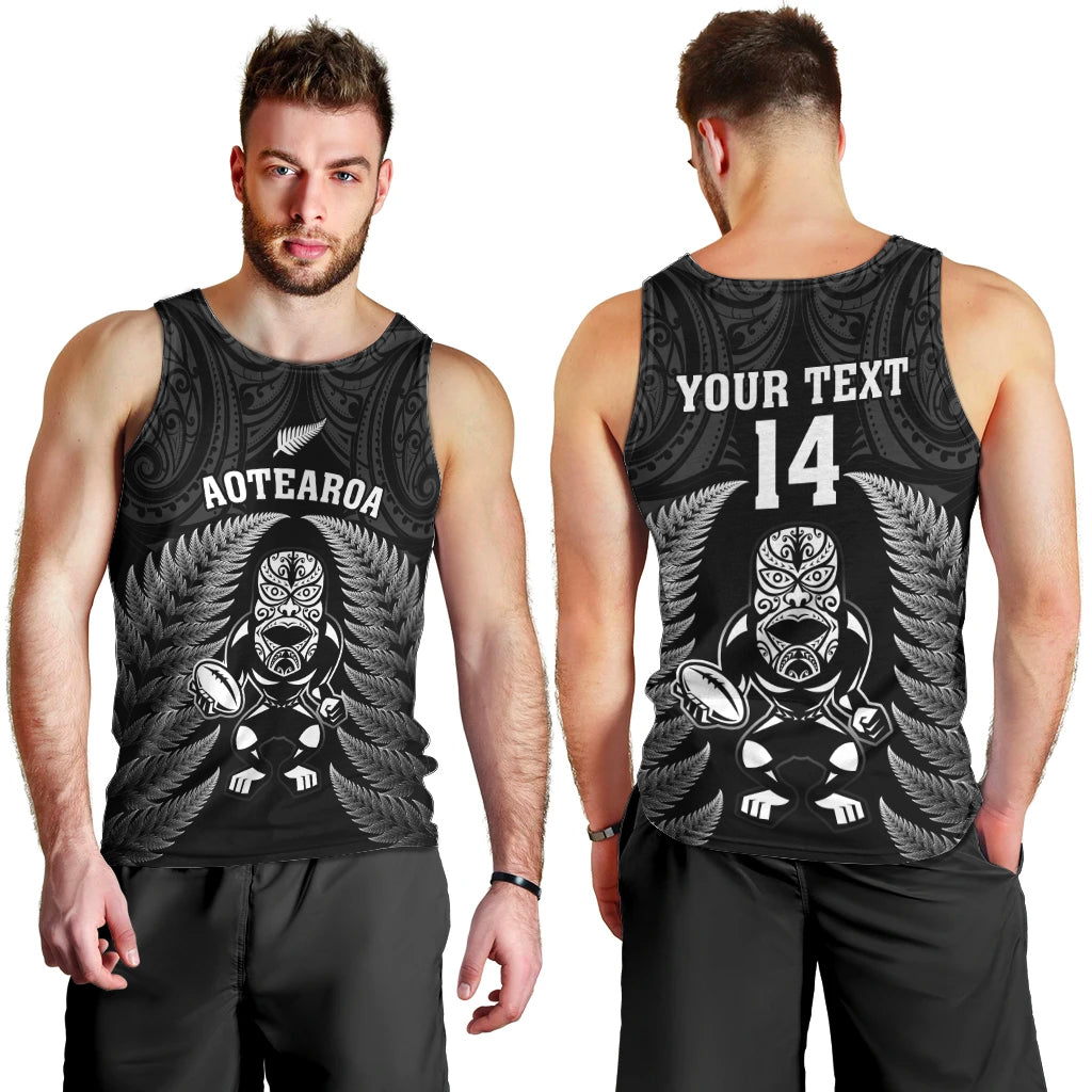 Custom New Zealand Aotearoa Rugby Men Tank Top NZ Tiki With Maori Fern World Cup Black Version LT14 - Polynesian Pride
