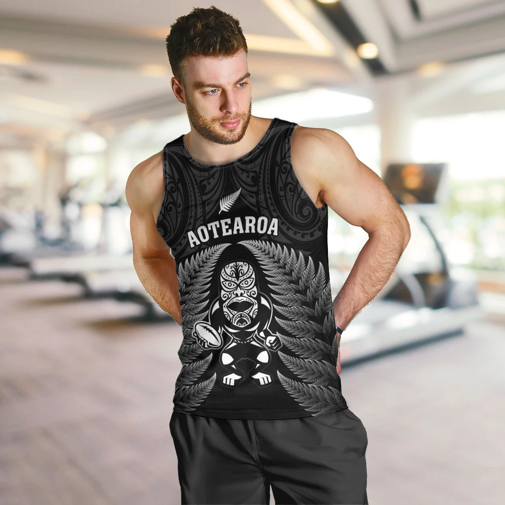Custom New Zealand Aotearoa Rugby Men Tank Top NZ Tiki With Maori Fern World Cup Black Version LT14 - Polynesian Pride