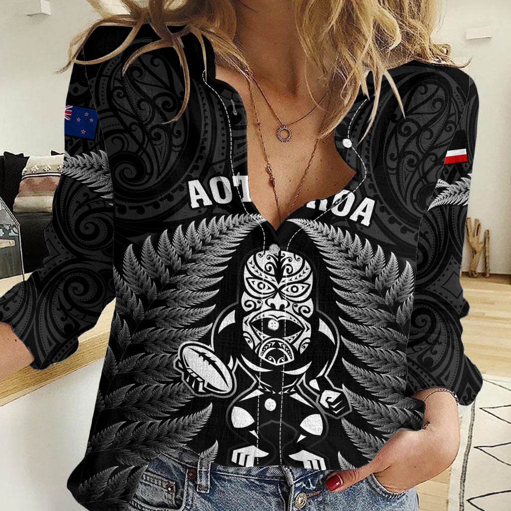 Custom New Zealand Aotearoa Rugby Women Casual Shirt NZ Tiki With Maori Fern World Cup Black Version LT14 Female Black - Polynesian Pride