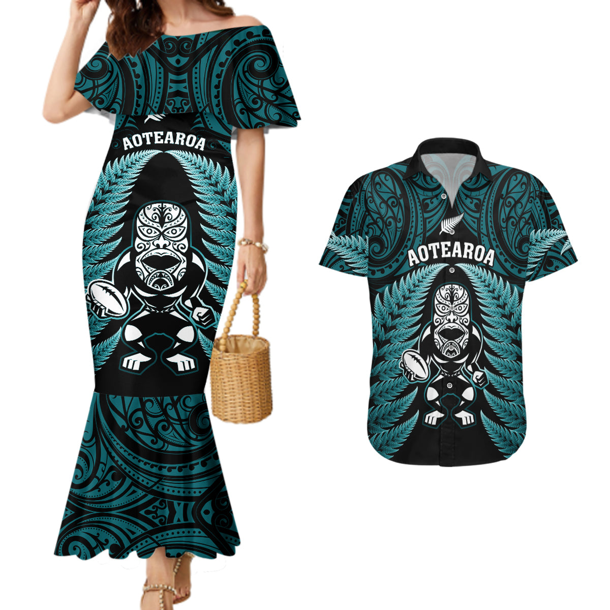 New Zealand Aotearoa Rugby Couples Matching Mermaid Dress and Hawaiian Shirt NZ Tiki With Maori Fern World Cup Turquoise Version LT14 Turquoise - Polynesian Pride