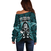 New Zealand Aotearoa Rugby Off Shoulder Sweater NZ Tiki With Maori Fern World Cup Turquoise Version LT14 - Polynesian Pride