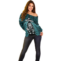 New Zealand Aotearoa Rugby Off Shoulder Sweater NZ Tiki With Maori Fern World Cup Turquoise Version LT14 - Polynesian Pride