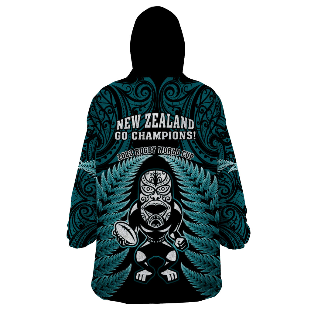 New Zealand Aotearoa Rugby Wearable Blanket Hoodie NZ Tiki With Maori Fern World Cup Turquoise Version LT14 - Polynesian Pride