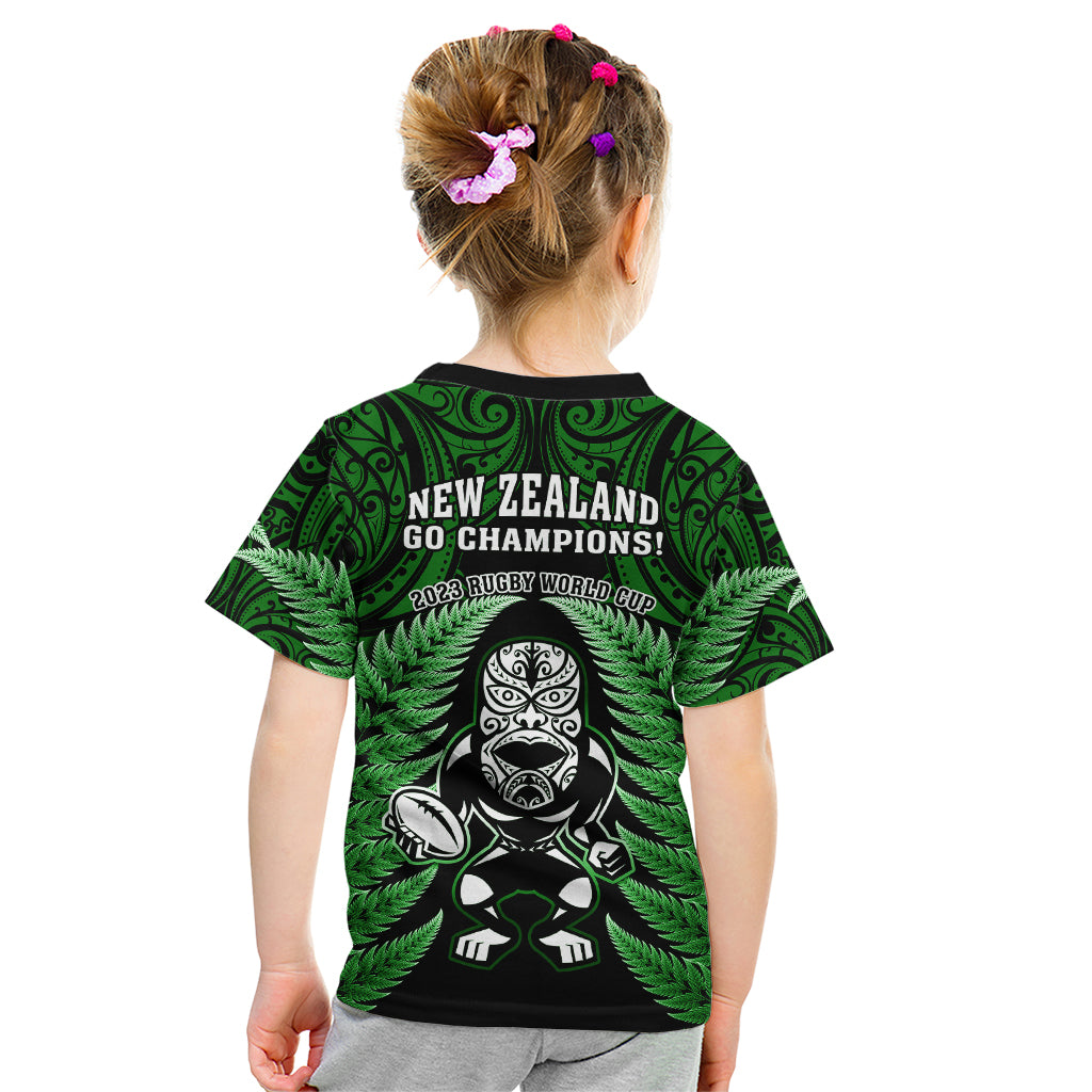New Zealand Aotearoa Rugby Kid T Shirt NZ Tiki With Maori Fern World Cup Green Version LT14 - Polynesian Pride
