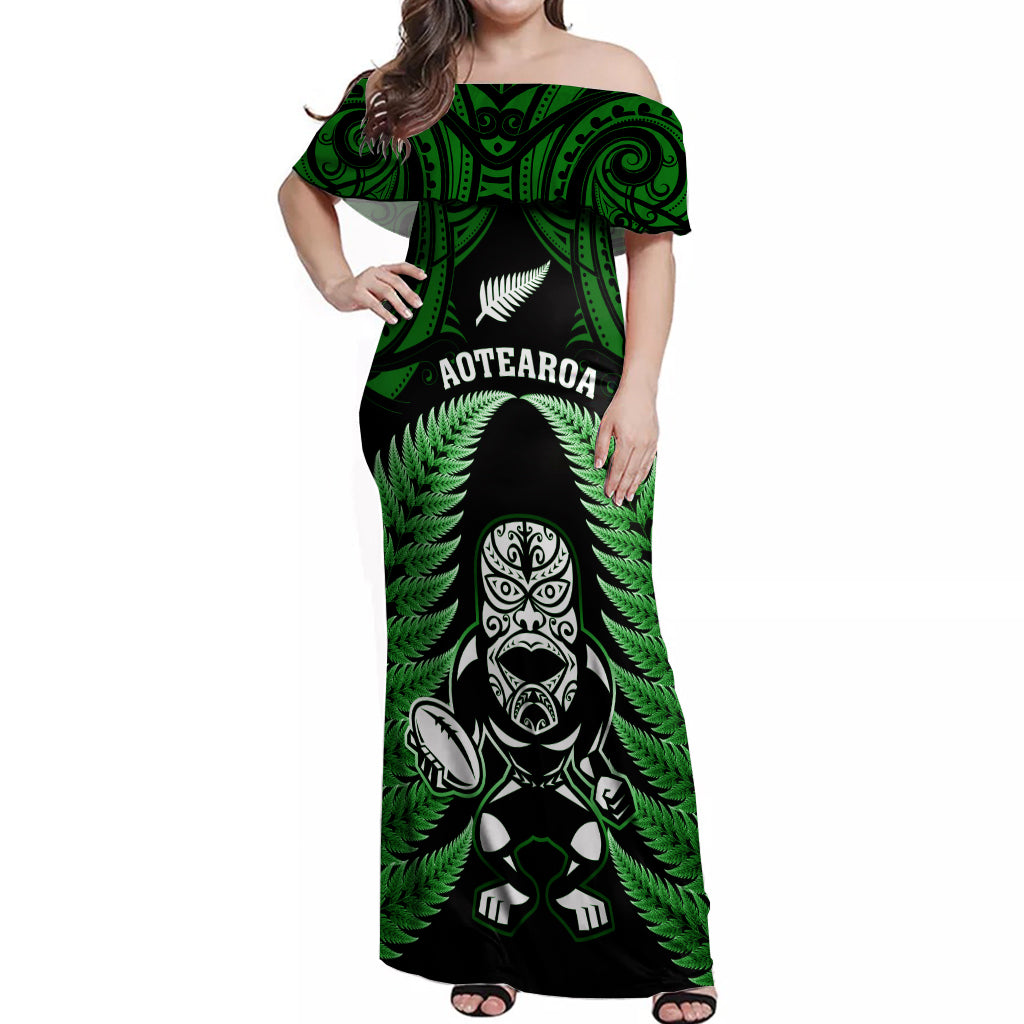 New Zealand Aotearoa Rugby Off Shoulder Maxi Dress NZ Tiki With Maori Fern World Cup Green Version LT14 Women Green - Polynesian Pride