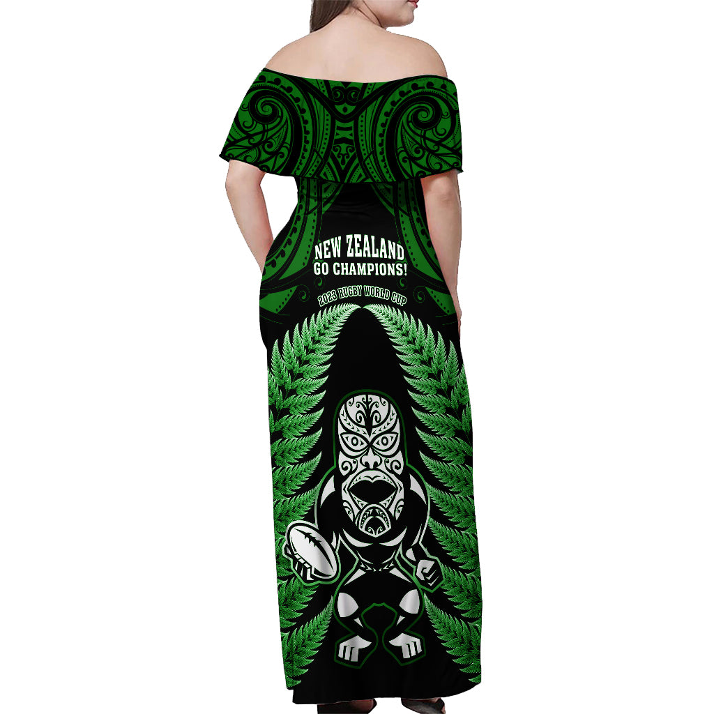 New Zealand Aotearoa Rugby Off Shoulder Maxi Dress NZ Tiki With Maori Fern World Cup Green Version LT14 - Polynesian Pride