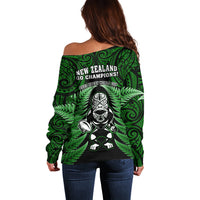 New Zealand Aotearoa Rugby Off Shoulder Sweater NZ Tiki With Maori Fern World Cup Green Version LT14 - Polynesian Pride