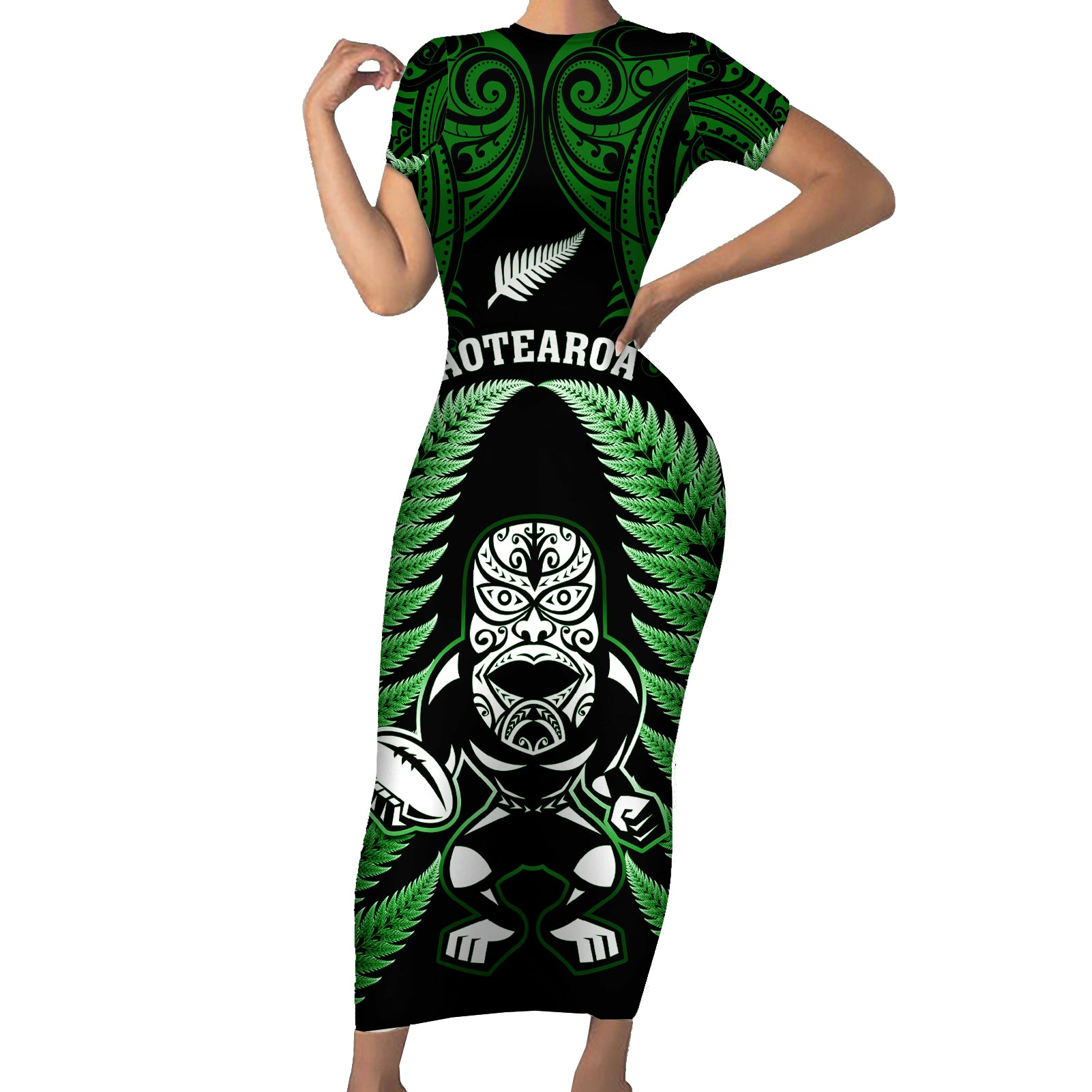 New Zealand Aotearoa Rugby Short Sleeve Bodycon Dress NZ Tiki With Maori Fern World Cup Green Version LT14 Long Dress Green - Polynesian Pride