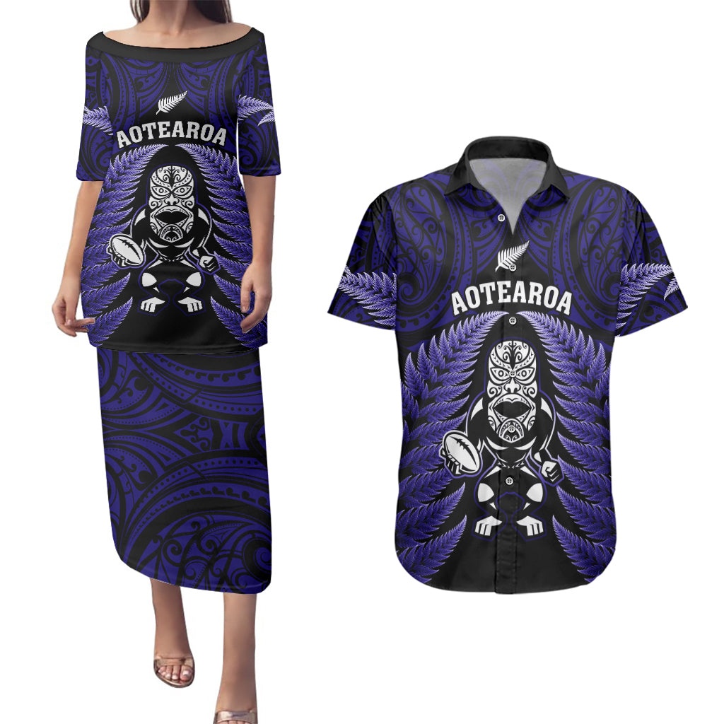 New Zealand Aotearoa Rugby Couples Matching Puletasi Dress and Hawaiian Shirt NZ Tiki With Maori Fern World Cup Blue Version LT14 Blue - Polynesian Pride