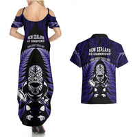 New Zealand Aotearoa Rugby Couples Matching Summer Maxi Dress and Hawaiian Shirt NZ Tiki With Maori Fern World Cup Blue Version LT14 - Polynesian Pride