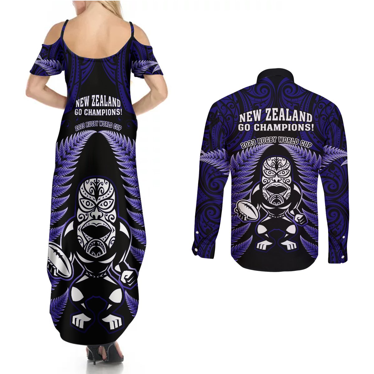 New Zealand Aotearoa Rugby Couples Matching Summer Maxi Dress and Long Sleeve Button Shirts NZ Tiki With Maori Fern World Cup Blue Version LT14 - Polynesian Pride