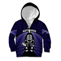 New Zealand Aotearoa Rugby Kid Hoodie NZ Tiki With Maori Fern World Cup Blue Version LT14 Zip Hoodie Blue - Polynesian Pride