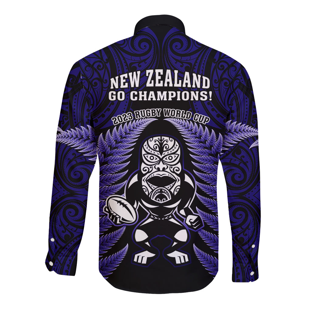 New Zealand Aotearoa Rugby Long Sleeve Button Shirt NZ Tiki With Maori Fern World Cup Blue Version LT14 - Polynesian Pride