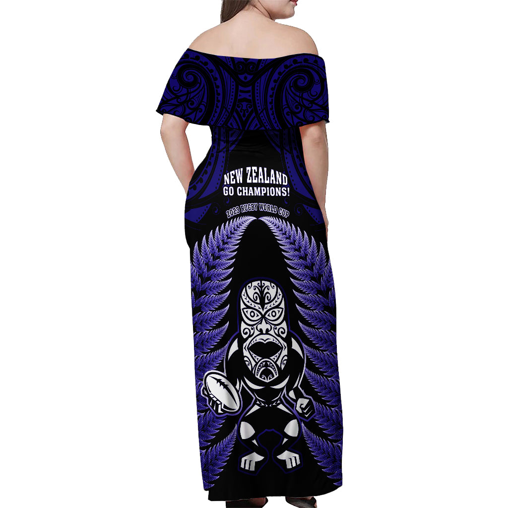 New Zealand Aotearoa Rugby Off Shoulder Maxi Dress NZ Tiki With Maori Fern World Cup Blue Version LT14 - Polynesian Pride